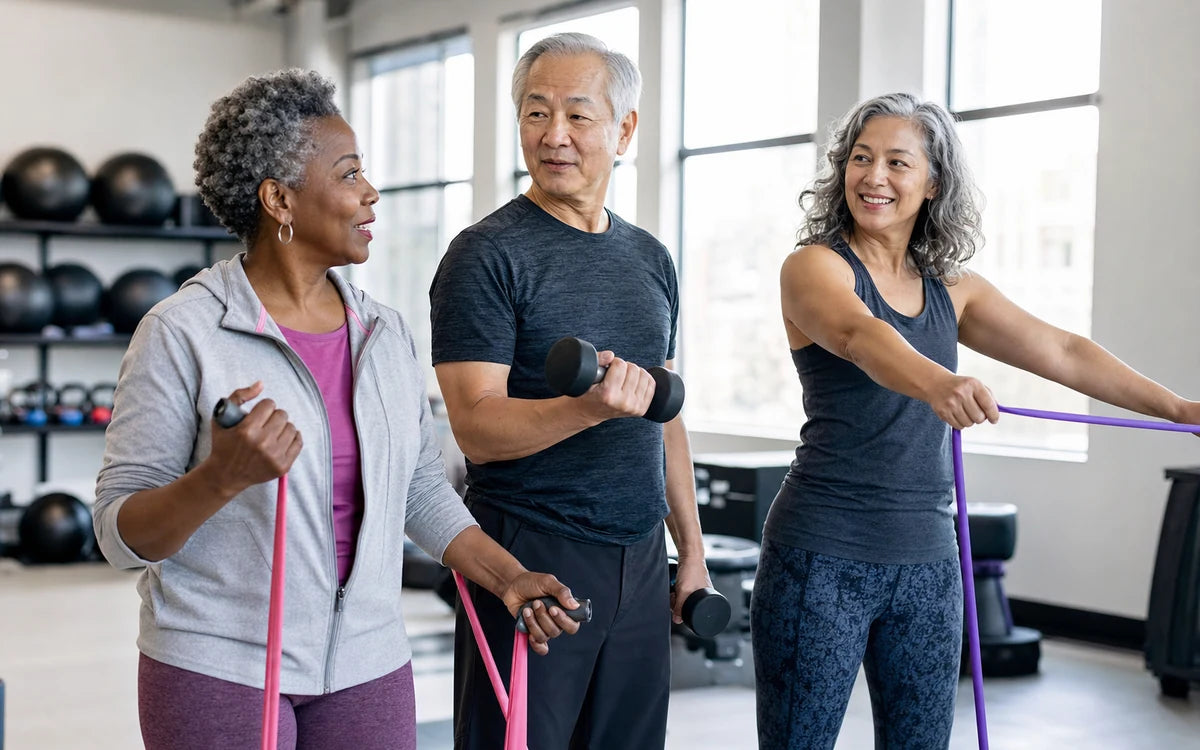 Drie actieve volwassenen van 50 tot 65 jaar tijdens lichte weerstandstraining in een fitnessstudio