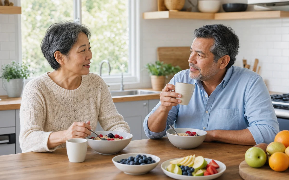 Oost-Aziatische vrouw en Latino man van 55 tot 65 jaar tijdens een gezond ontbijt in een moderne keuken