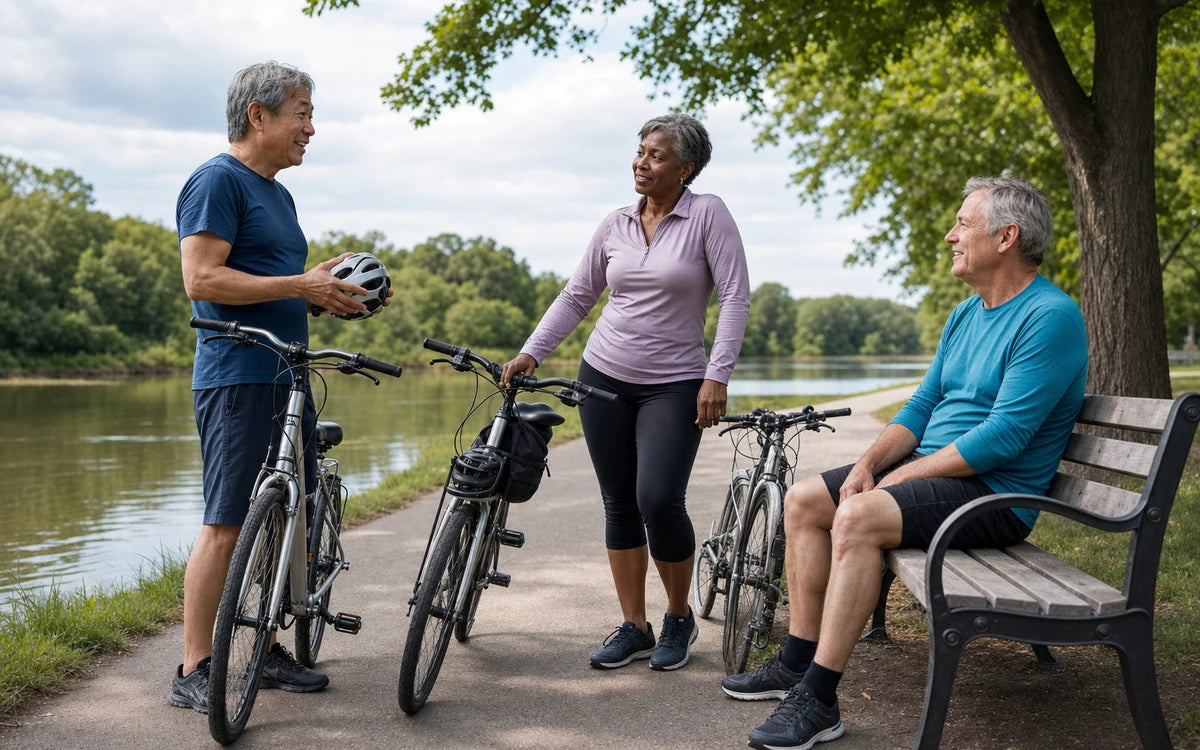 Drie volwassenen van 50 tot 65 jaar tijdens een fietsrustpauze langs een rivierpad