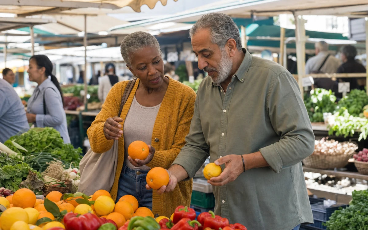 Zwarte vrouw en Midden-Oosterse man van 55 tot 65 jaar die citrusfruit kiezen op een buitenmarkt
