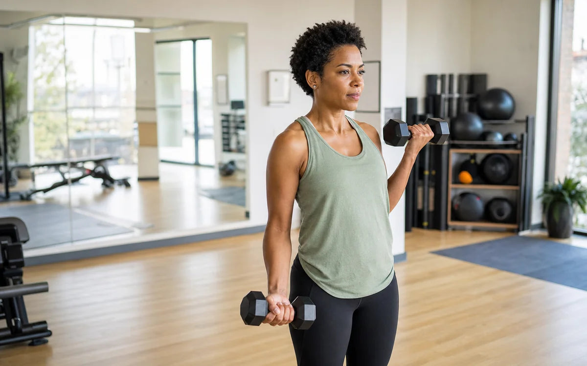 Vrouw tijdens een gecontroleerde krachttraining met dumbbells in een lichte moderne gym