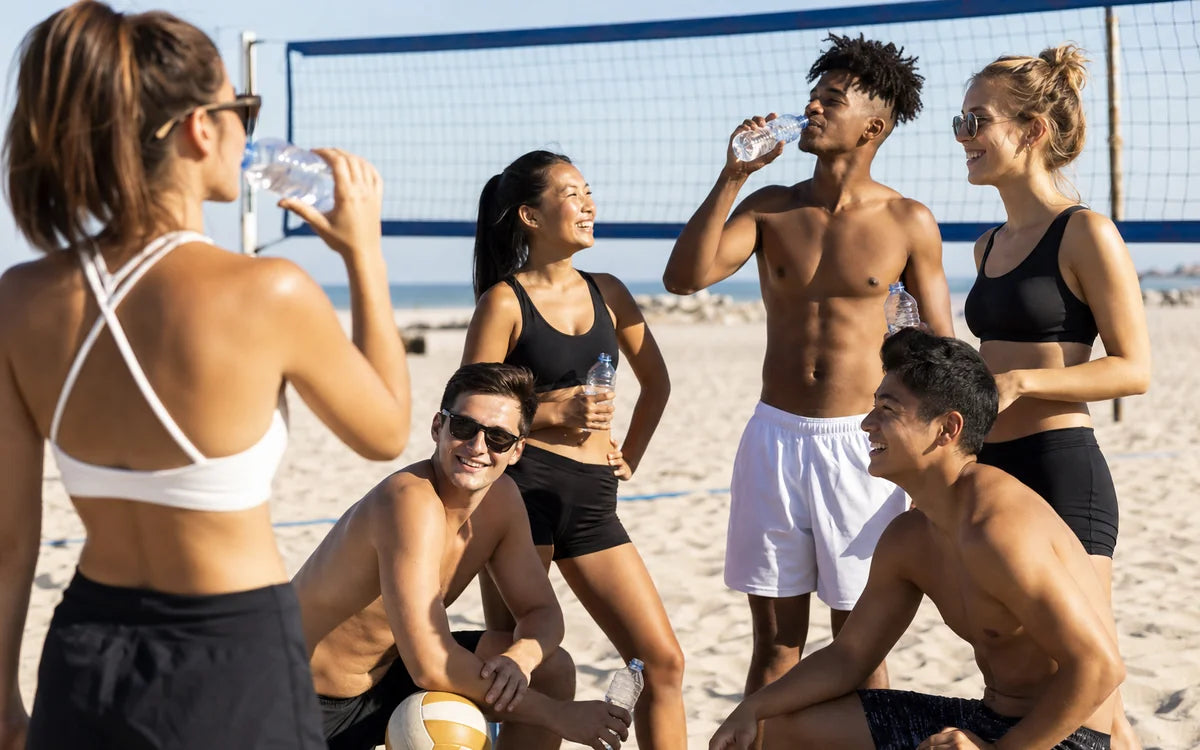 Gemengde groep jongvolwassenen tijdens een hydratatiepauze bij beachvolleybal