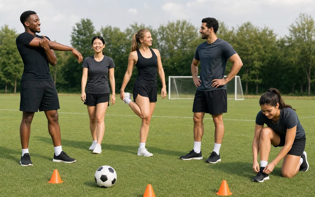 Divers team jongvolwassenen tijdens cooldown na voetbaltraining op een sportveld