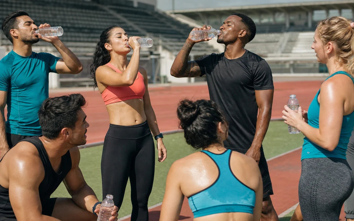 Gemengde groep sporters neemt een hydratatiepauze tijdens outdoor bootcamp op de atletiekbaan